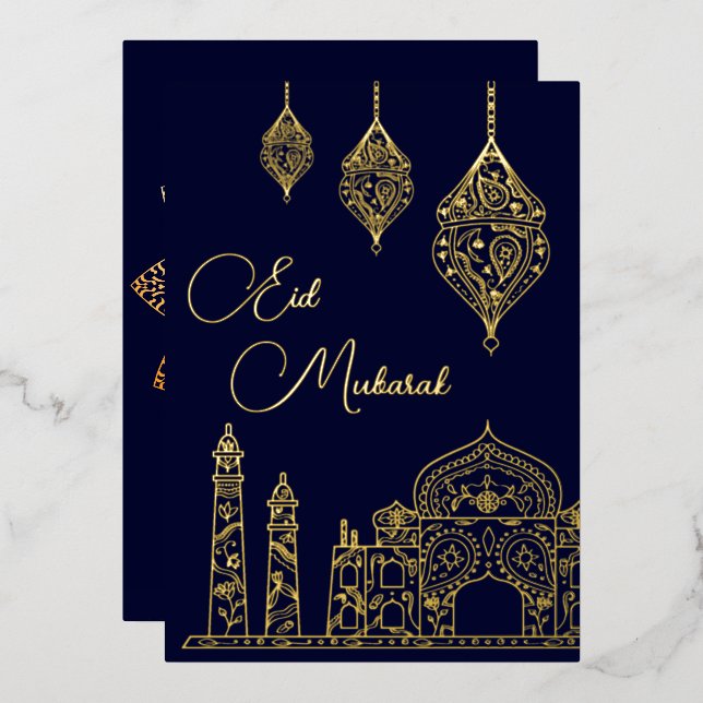 Elegant Islamic Ornamental Mosque Lanterns Eid Foil Holiday Card (Front/Back)