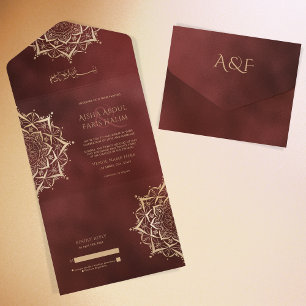 Elegant Islamic Ornate Mandala Burgundy Arabic All In One Invitation
