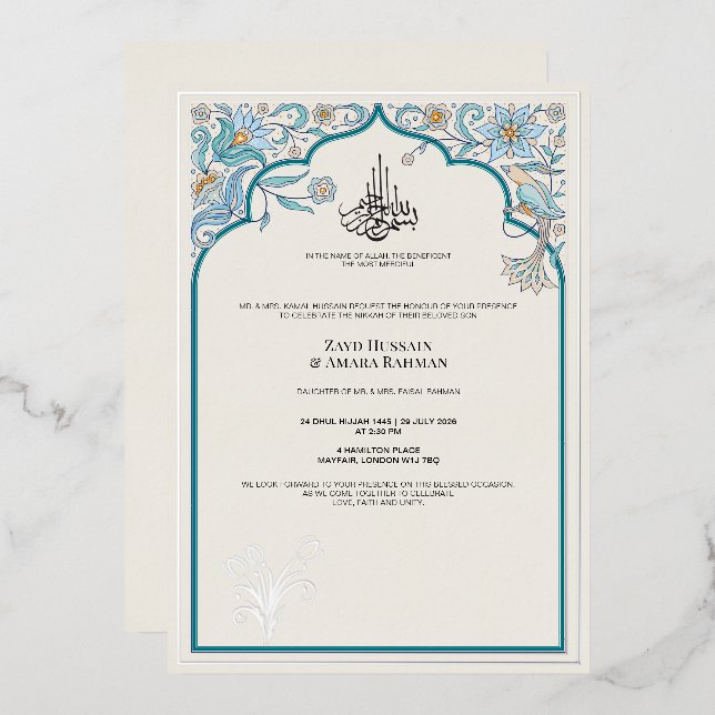 Elegant Islamic Wedding Foil Invitation (Front/Back)