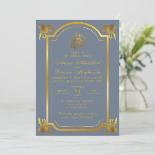 Elegant Islamic Wedding Slate Blue and Gold Invitation
