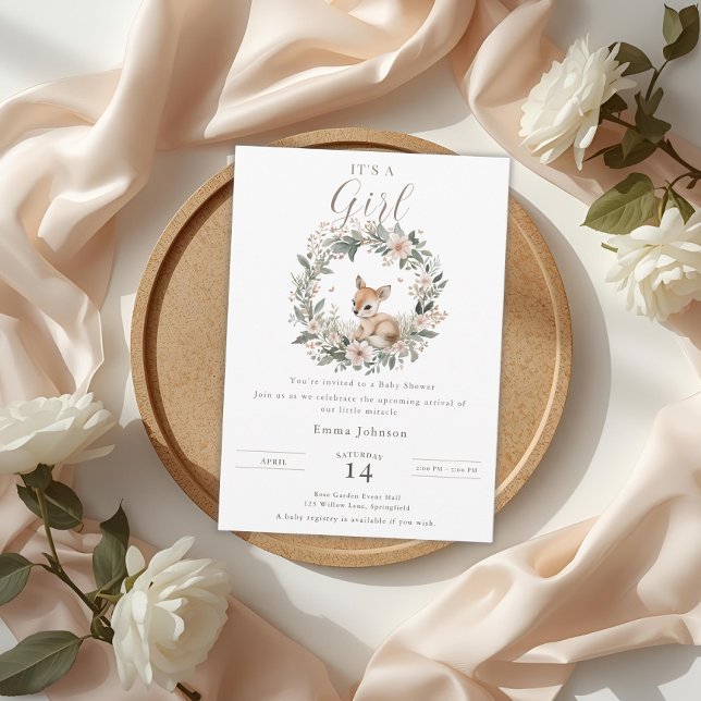 Elegant It’s a Girl Baby Shower Floral Deer Invitation (Creator Uploaded)