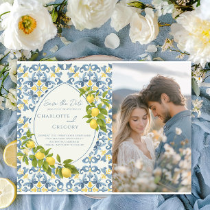 Elegant Italian Blue Tile Lemon Wedding  Announcement Postcard