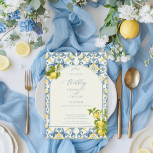 Elegant Italian Blue Tile Lemon Wedding Invitation