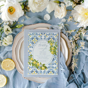 Elegant Italian Blue Tile Lemon Wedding Invitation