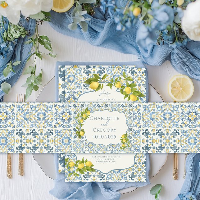 Elegant Italian Blue Tile Lemon Wedding Invitation Belly Band (Creator Uploaded)