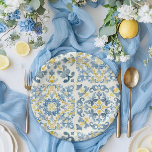 Elegant Italian Blue Tile Lemon Wedding Paper Plate