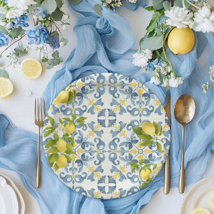 Elegant Italian Blue Tile Lemon Wedding Paper Plate