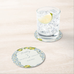 Elegant Italian Blue Tile Lemon Wedding Round Paper Coaster