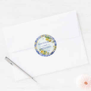 Elegant Italian Blue Tile Lemons Wedding Names Classic Round Sticker