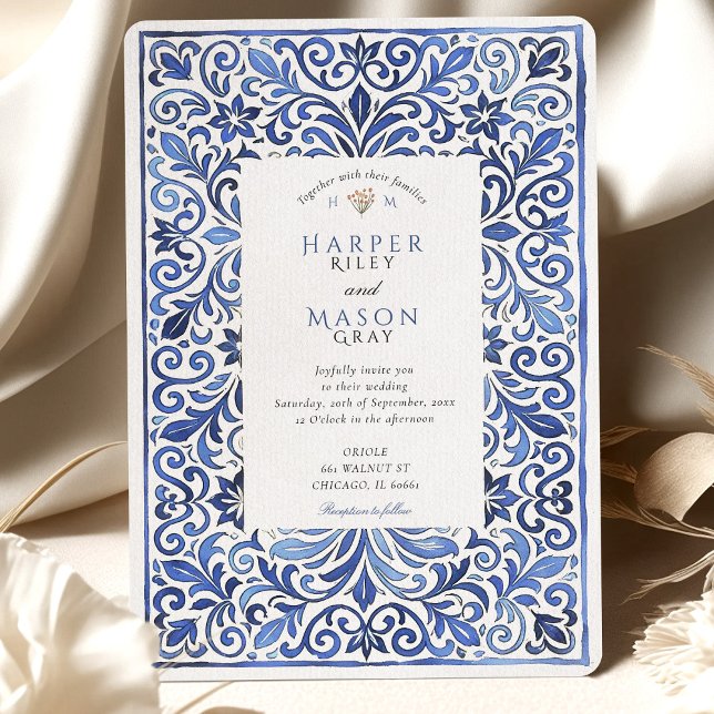 Elegant Italian Blue Tile Watercolor Wedding Invitation (Creator Uploaded)