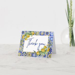 Elegant Italian Blue Tiles Lemon Citrus Script Thank You Card