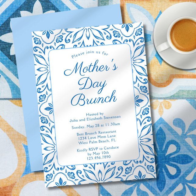 Elegant Italian Blue Tiles Mother's Day Brunch Invitation (Creator Uploaded)