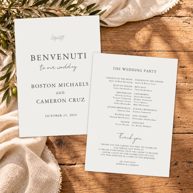 Elegant Italian Destination Wedding Program (Modern elegant Italian destination wedding program with minimalist script typography and classic)