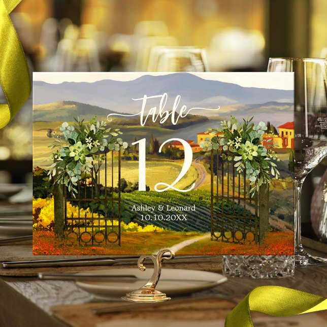 Elegant Italian Fine Art Wedding Table Number Card (Wedding table number card featuring a painting  of a Tuscan Italian landscape)