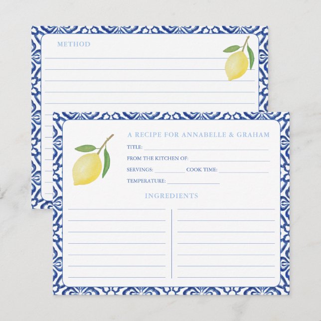 Elegant Italian Lemon Bridal Shower Recipe Card (Front/Back)
