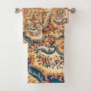 Elegant Italian Vintage Baroque Blue Orange Bath Towel Set