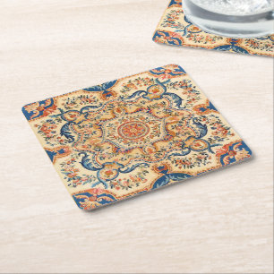 Elegant Italian Vintage Baroque Blue Orange  Square Paper Coaster