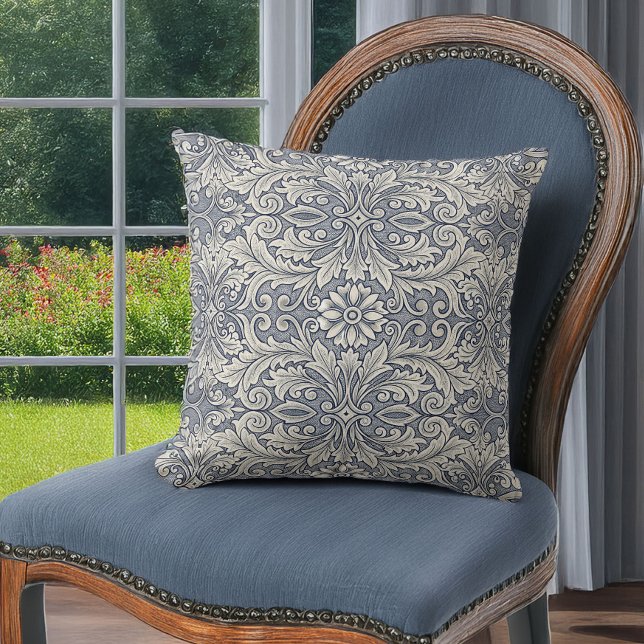 Elegant Italianate Damask in Slate Blue and Cream Cushion (Creator Uploaded)