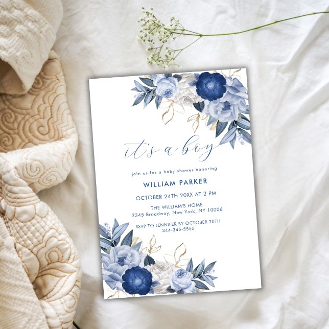 Elegant It's A Boy Blue White Floral Baby Shower Invitation (Elegant It's A Boy Blue White Floral Baby Shower Invitation)