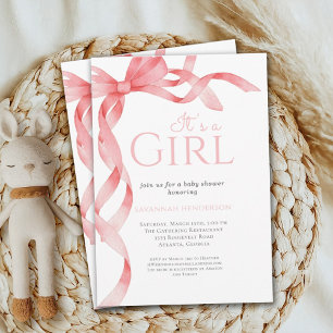 Elegant It's a Girl Pink Bow Baby Shower Invitation