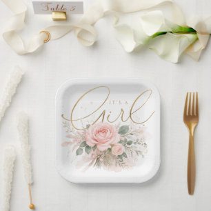 Elegant "It's a Girl" Watercolor Rose and Gold  Paper Plate