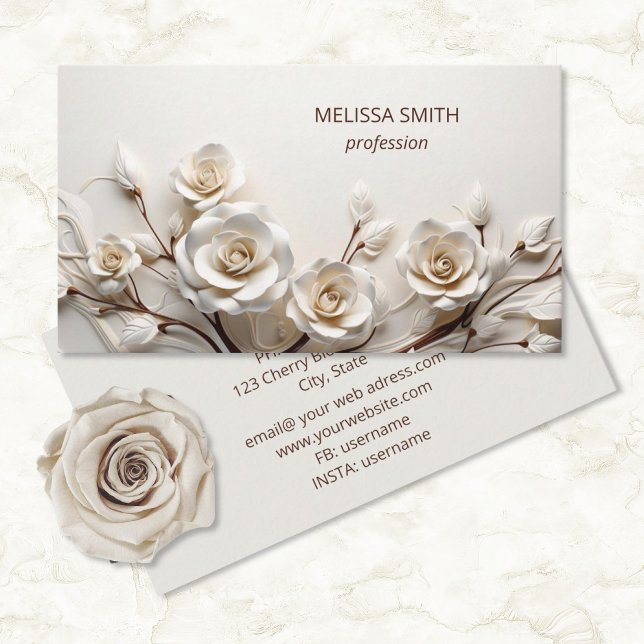 Elegant Ivory 3D Roses Business Card (Creator Uploaded)