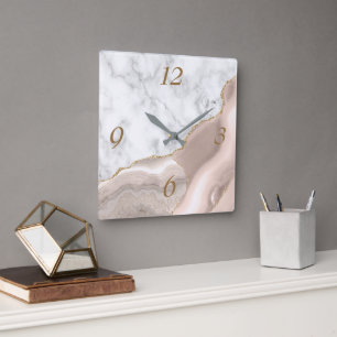 Elegant Ivory Agate Gold Glitter Marble Square Wall Clock