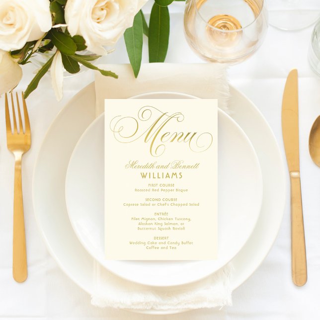 Elegant Ivory and Gold Calligraphy Script Wedding Menu (Creator Uploaded)