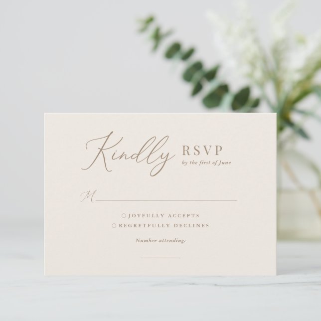 Elegant Ivory and Gold Calligraphy Wedding RSVP Card (Standing Front)