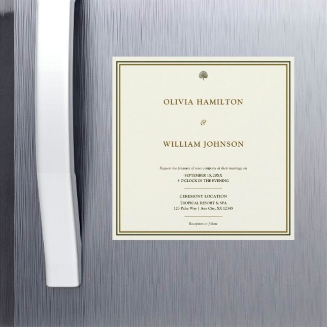 Elegant Ivory and Gold Typography Wedding Magnetic Invitation (Classic elegance meets convenience in this ivory and gold green border magnetic wedding invitation.)