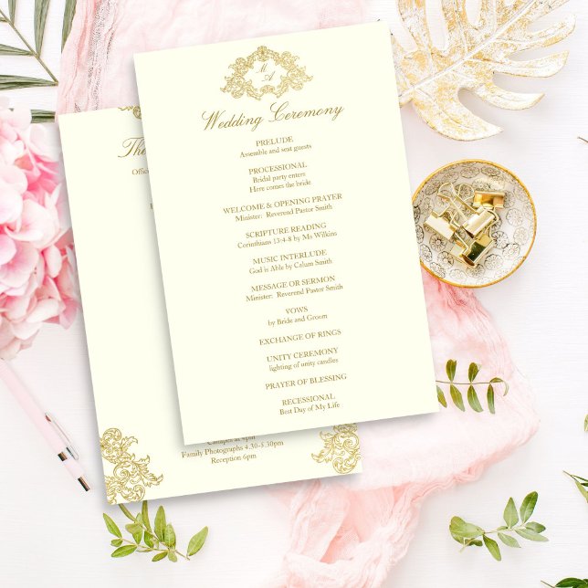 Elegant ivory and gold vintage wedding program (Elegant ivory and gold vintage ornament frame crest monogram wedding program template)