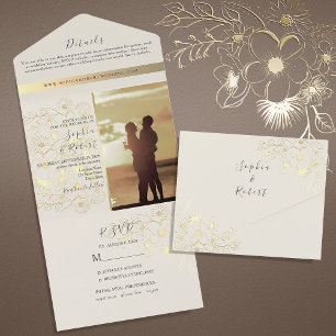 Elegant Ivory and Gold Wedding All In One Invitation