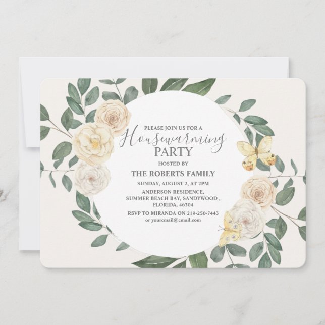 Elegant Ivory and Green Housewarming Party Invitation (Front)