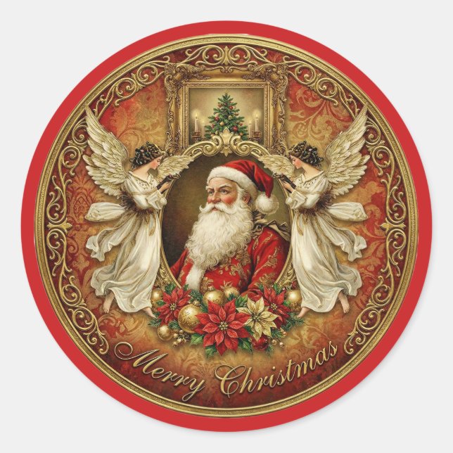 Elegant Ivory and Red Victorian Christmas Collage Classic Round Sticker (Front)