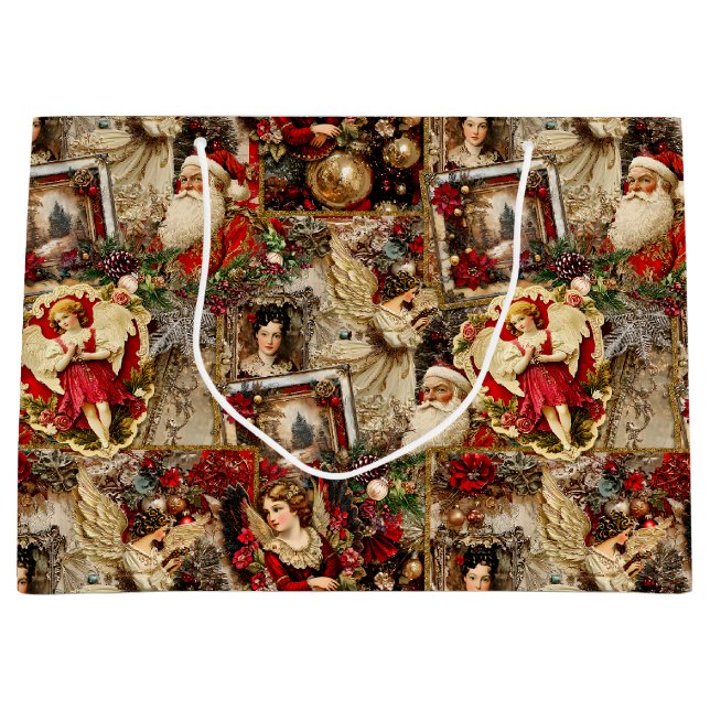 Elegant Ivory and Red Victorian Christmas Collage Large Gift Bag (Front)