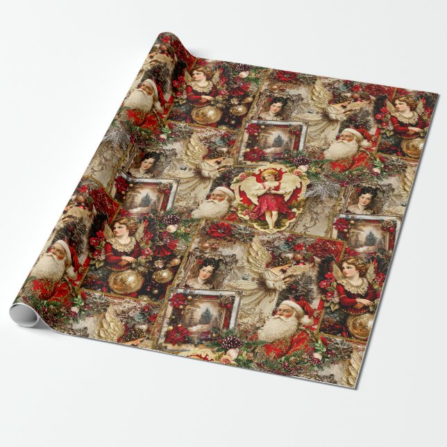 Elegant Ivory and Red Victorian Christmas Collage Wrapping Paper (Unrolled)