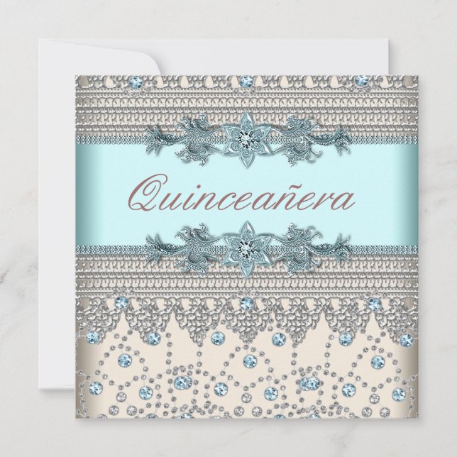 Elegant Ivory and Teal Blue Quinceanera Invitation (Front)