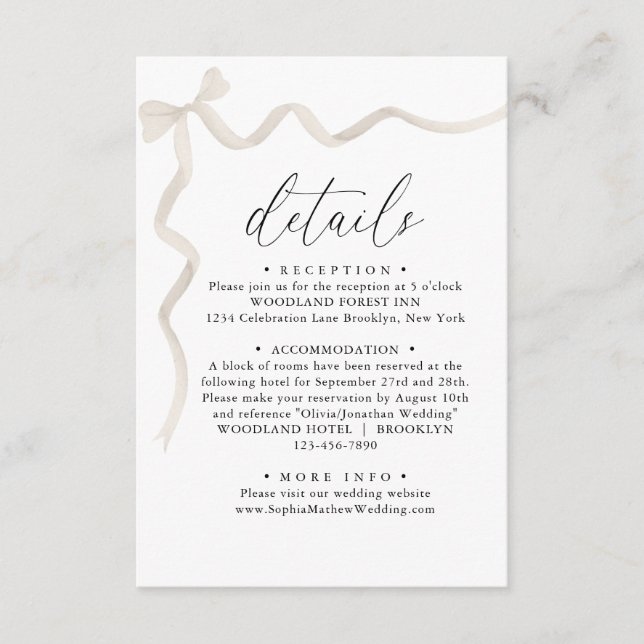 Elegant Ivory Beige Bow Monogram Wedding Details Enclosure Card (Front)