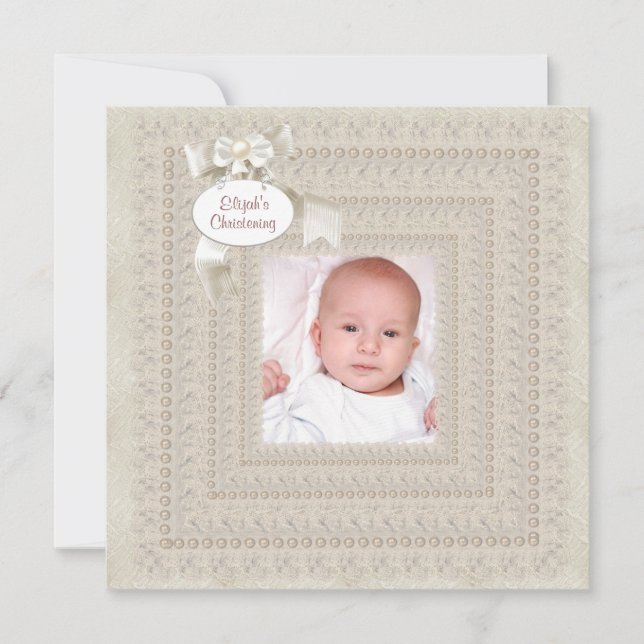 Elegant Ivory Beige Boy Photo Christening Invitation (Front)