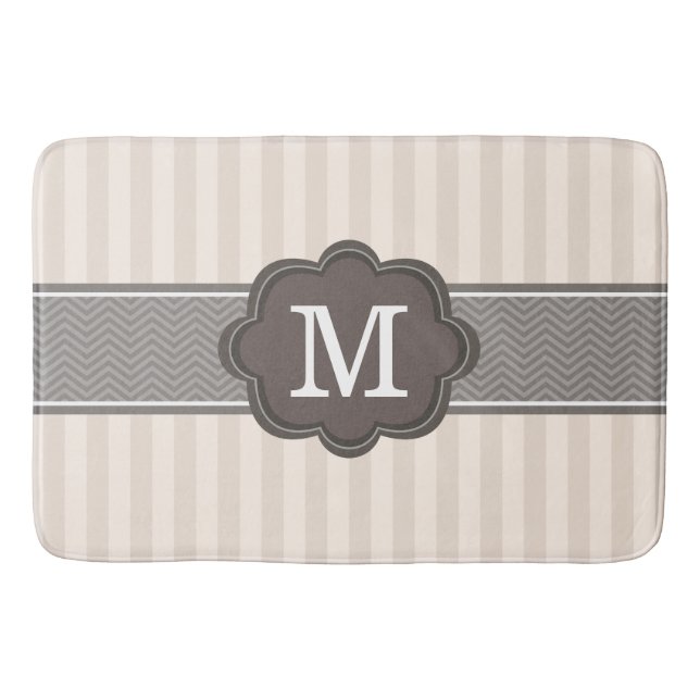 Elegant Ivory Beige Stripes Brown Custom Monogram Bath Mat (Front)