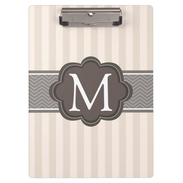 Elegant Ivory Beige Stripes Brown Custom Monogram Clipboard (Front)