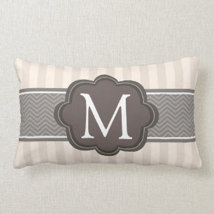Elegant Ivory Beige Stripes Brown Custom Monogram Lumbar Cushion