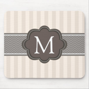 Elegant Ivory Beige Stripes Brown Custom Monogram Mouse Pad