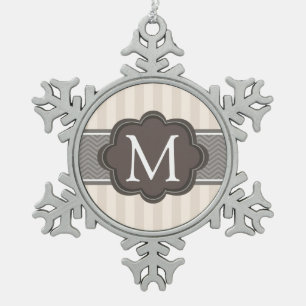 Elegant Ivory Beige Stripes Brown Custom Monogram Snowflake Pewter Christmas Ornament