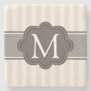 Elegant Ivory Beige Stripes Brown Custom Monogram Stone Coaster