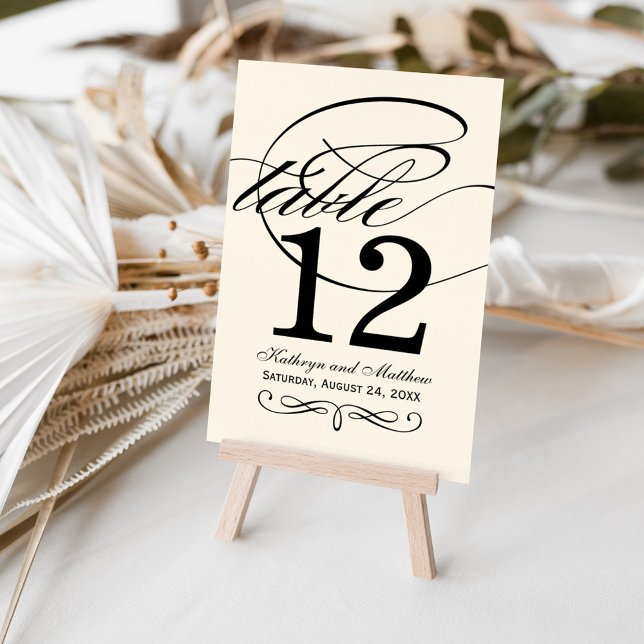 Elegant Ivory Black Calligraphy Wedding Monogram Table Number (Creator Uploaded)