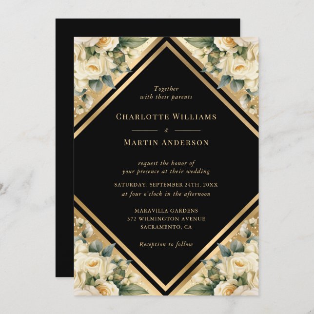 Elegant Ivory Black Gold Geometric Floral Wedding Invitation (Front/Back)