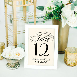 Elegant Ivory Black Script Monogram Wedding Table Number