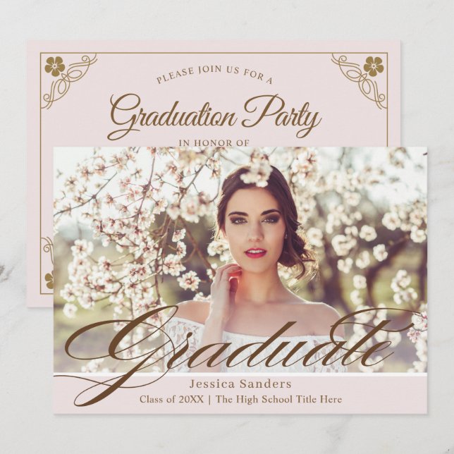 Elegant Ivory Black Script Photo Graduation Party Invitation (Front/Back)