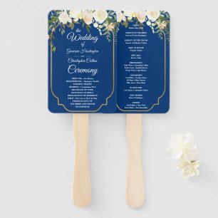 Elegant Ivory Blooms Blue Gold Frame Wedding Hand Fan